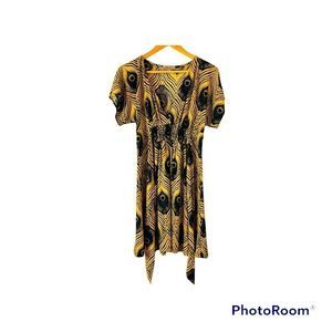 Vintage Ophelia black and yellow peacock feather print midi dress